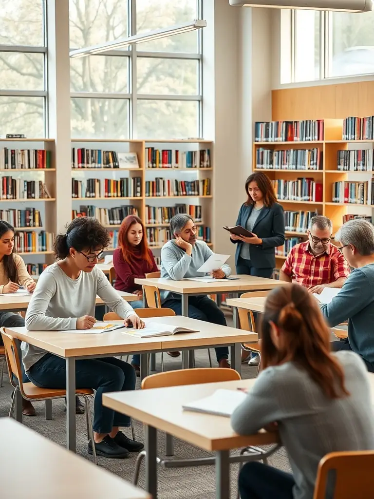 An image of a diverse group of adults participating in a literacy workshop at a CBPT library, with an instructor guiding them through reading and writing exercises.