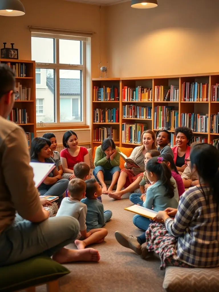 A diverse group of people participating in a storytelling event at a local library, illustrating CBPT's commitment to cultural events and community building.