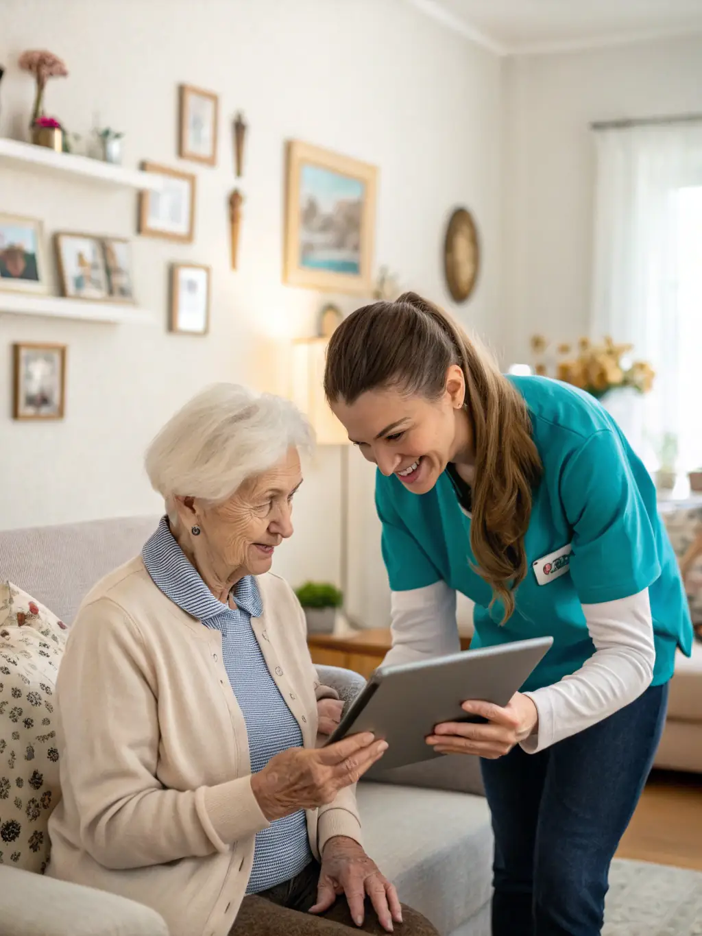 A photograph of a senior citizen selecting a book from a mobile library cart during a visit to a retirement home, with a friendly CBPT volunteer assisting.