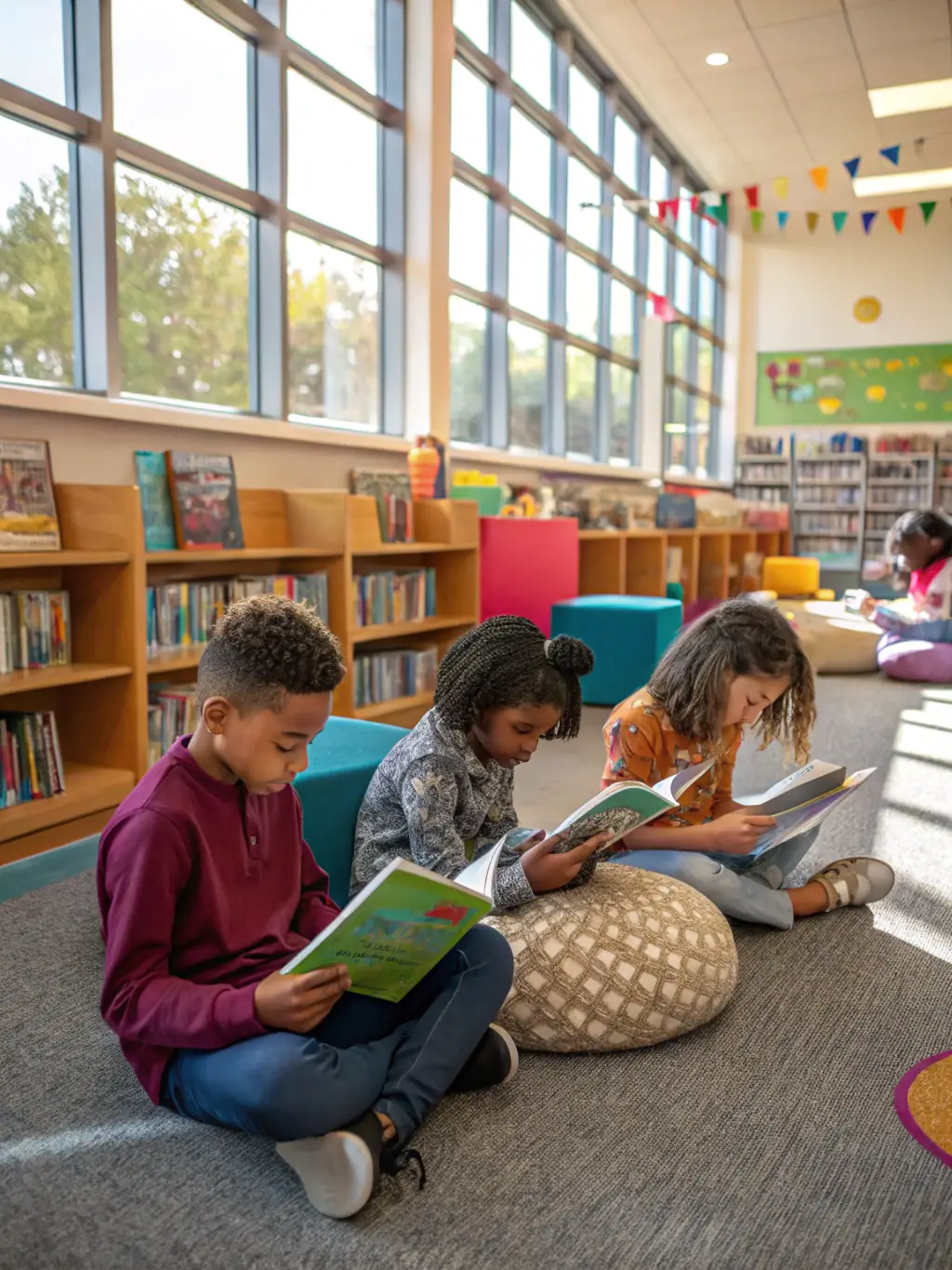 A brightly lit, inviting library space within a local school, filled with children reading and interacting with books, showcasing CBPT's commitment to education.