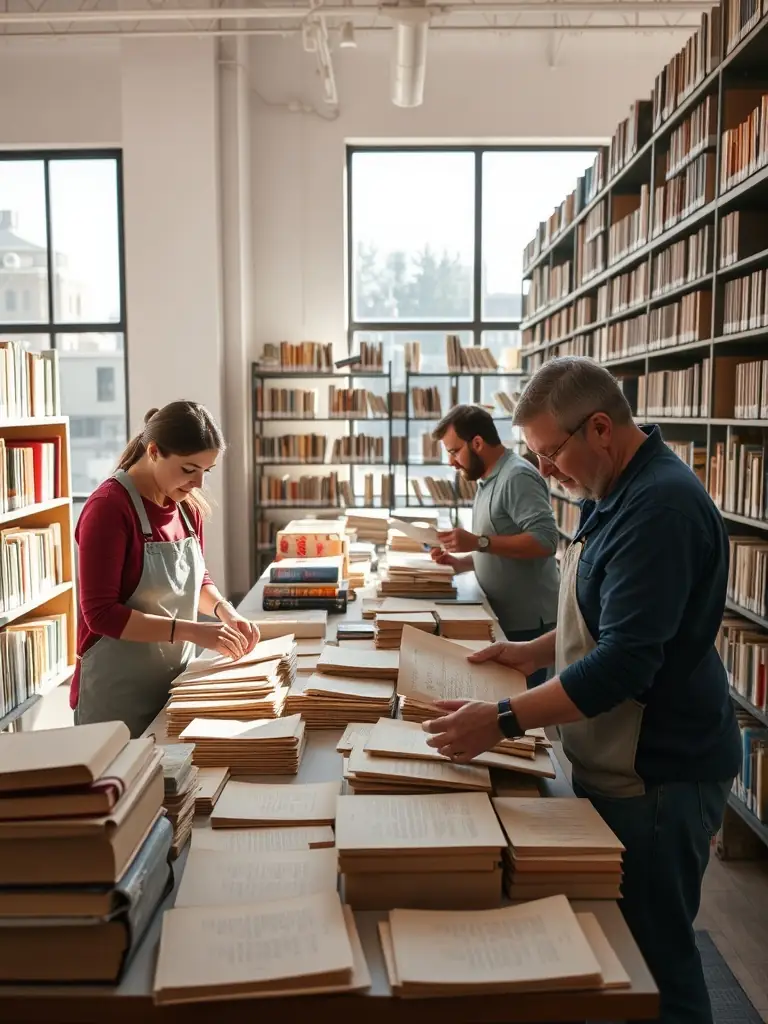 A group of volunteers sorting and cataloging books in a CBPT library, showcasing the dedication and teamwork involved in maintaining the organization's resources.