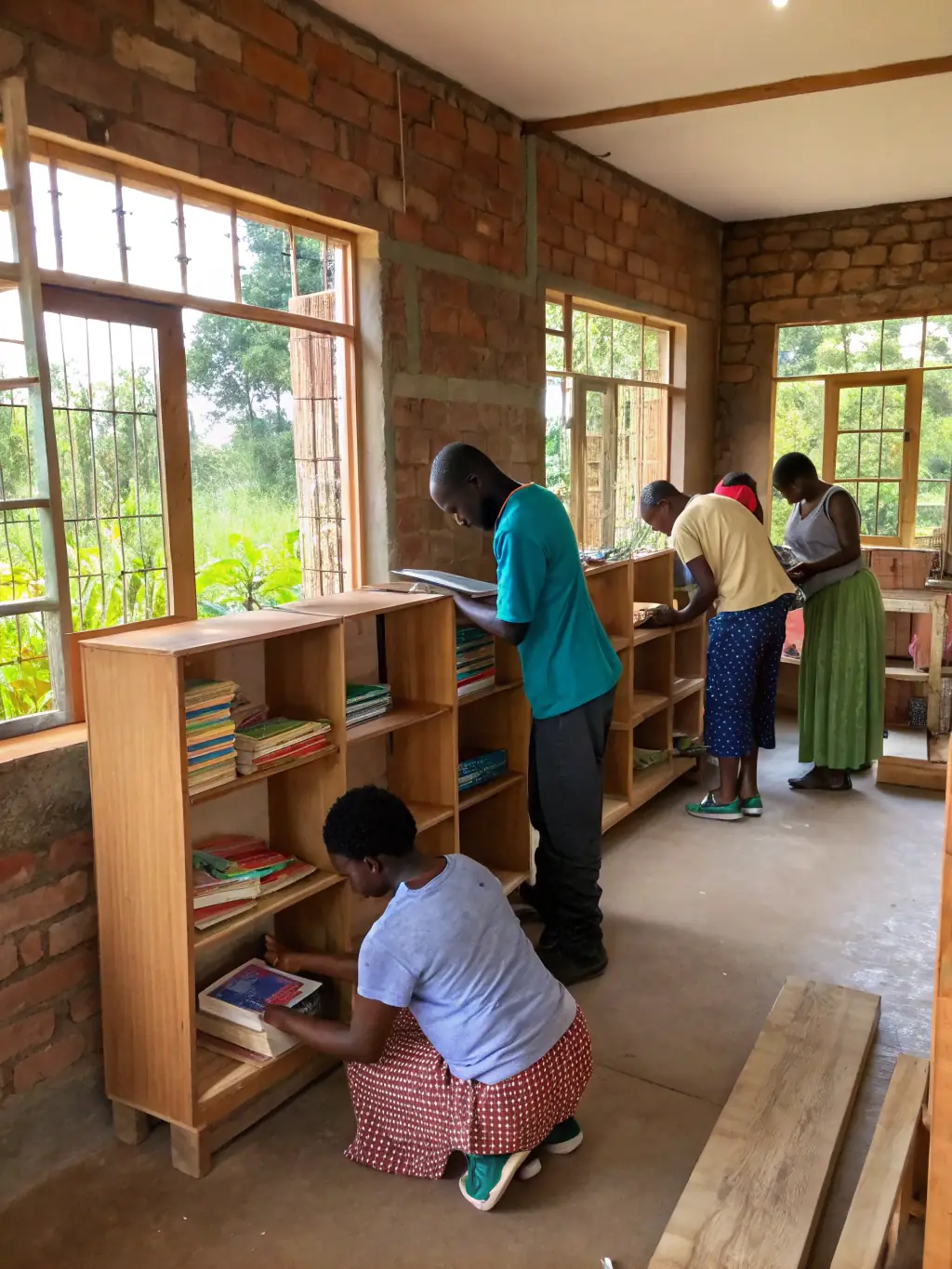 Volunteers sorting and organizing books in a community library, emphasizing the collaborative effort behind CBPT's programs.