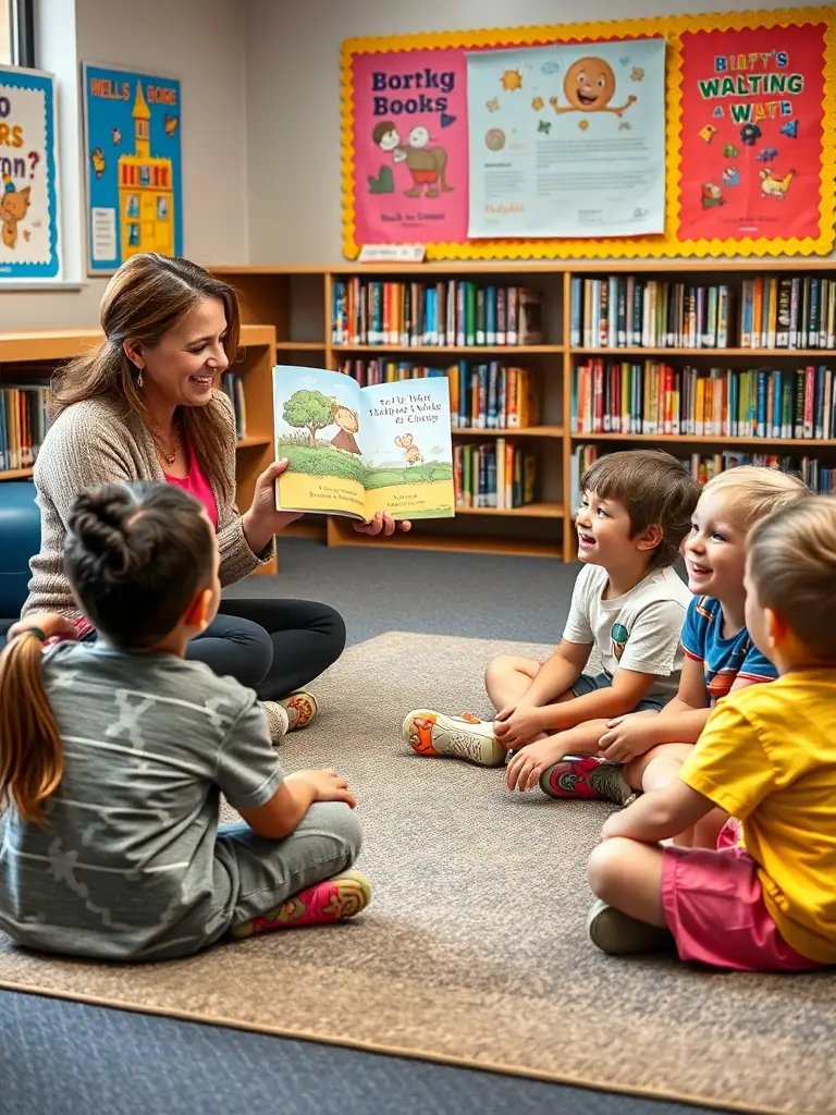 A vibrant image of children participating in a storytelling session at one of CBPT's community libraries, with a volunteer reading aloud from a colorful picture book.